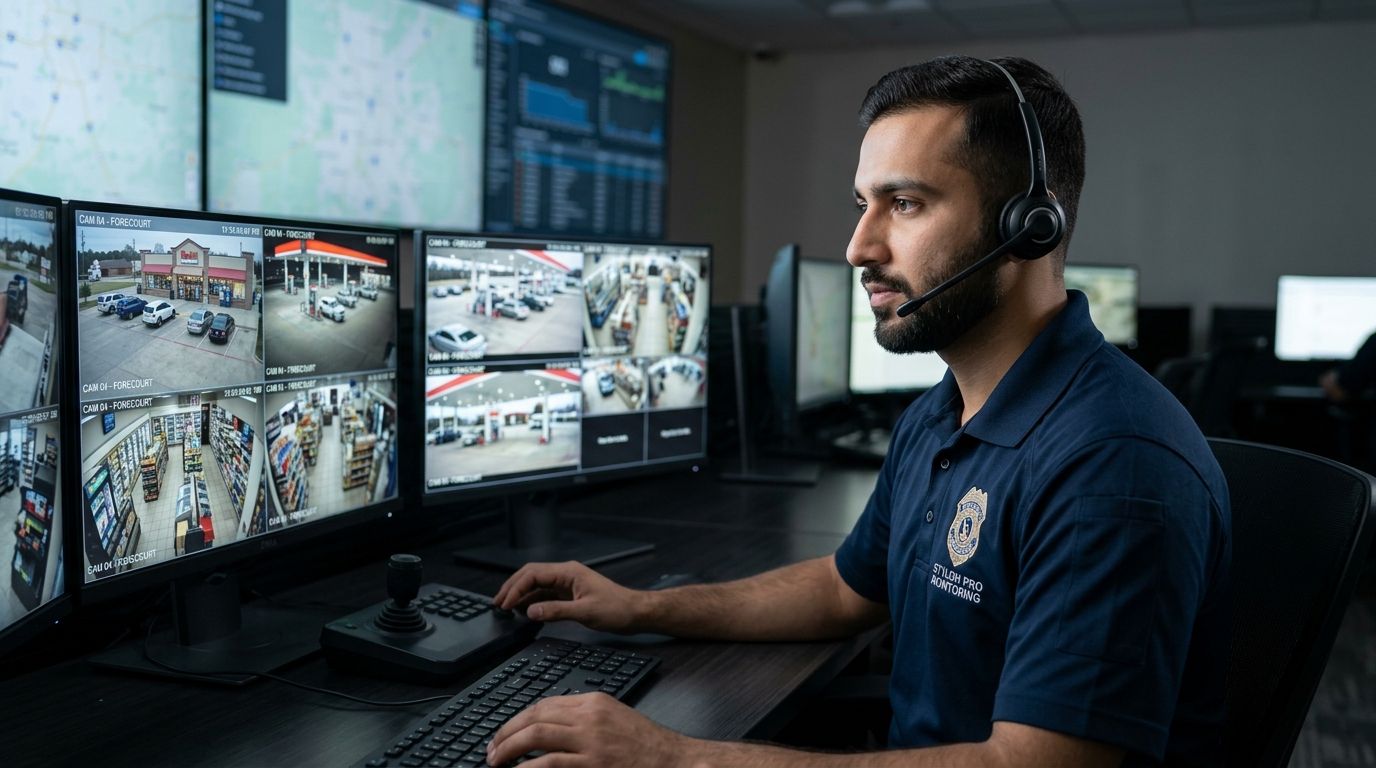 Stylish Pro Texas Security Operations Center Specialist Monitoring Live CCTV